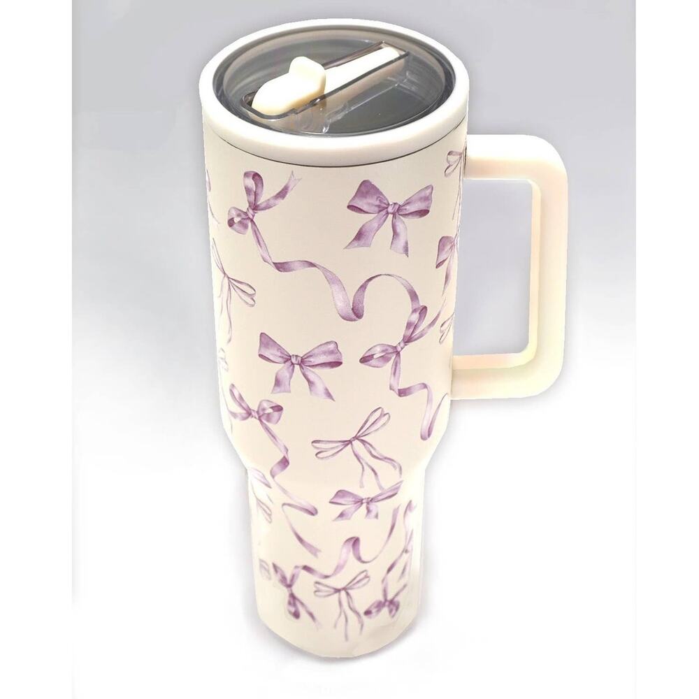 40 oz Purple Cream Coquette Bow Insulated Stainless Steel Tumbler with Handle